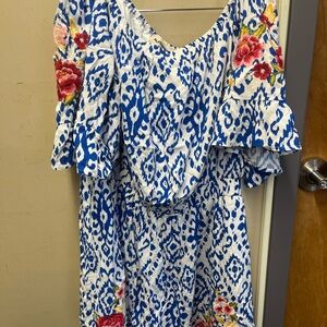 Savanna Jane White & Blue Ikat romper with Floral Embroidered Sleeves